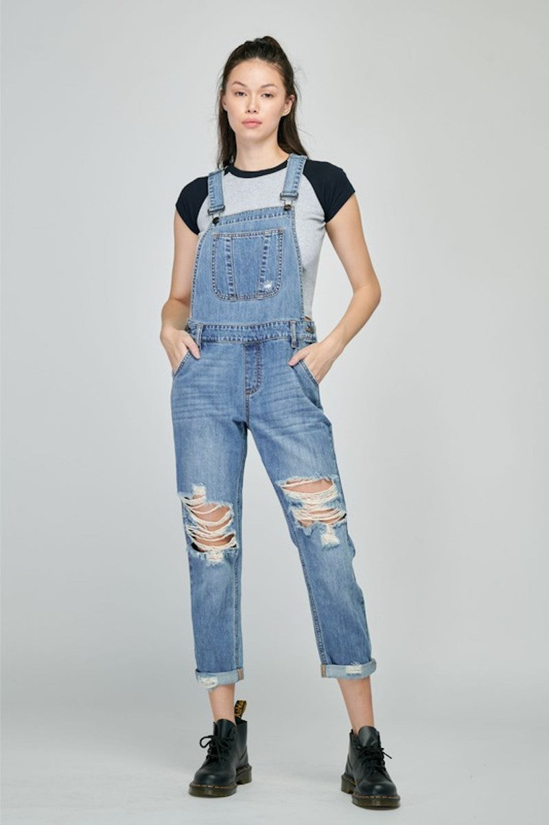 Denim Distressed Overalls