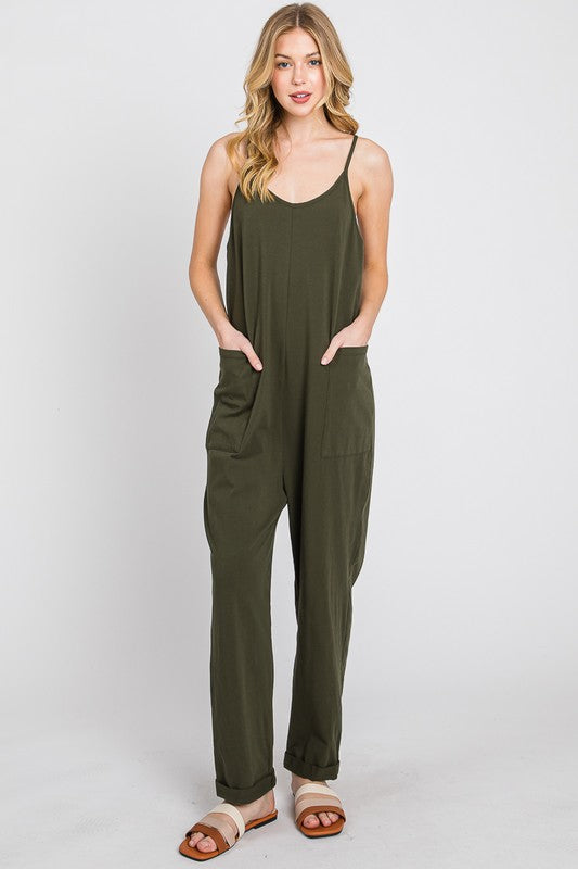 Dark Olive Cotton Relaxed Cami Jumpsuit