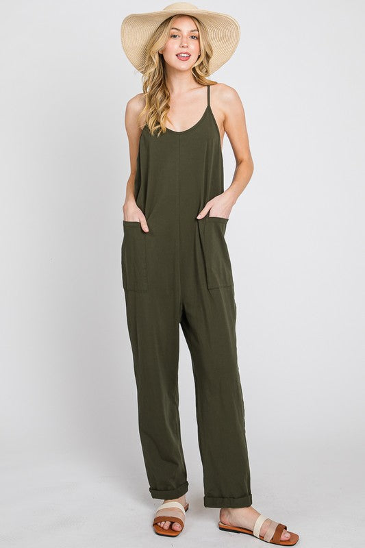 Dark Olive Cotton Relaxed Cami Jumpsuit