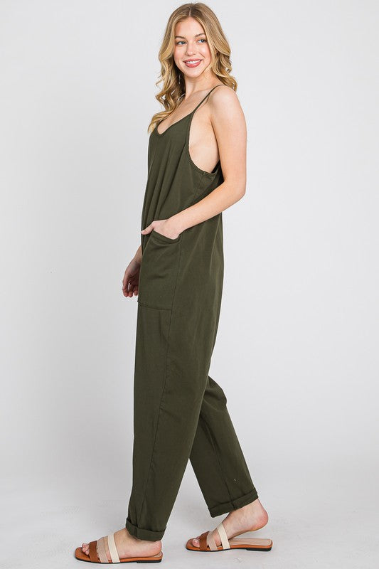 Dark Olive Cotton Relaxed Cami Jumpsuit