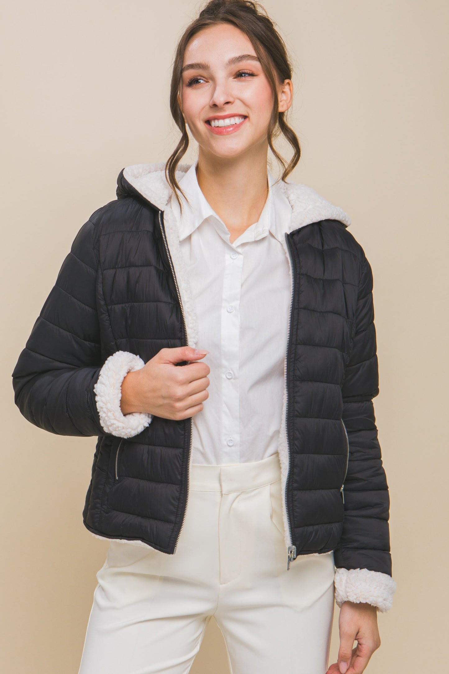 Reversible Sherpa Fleece Puffer Black Jacket