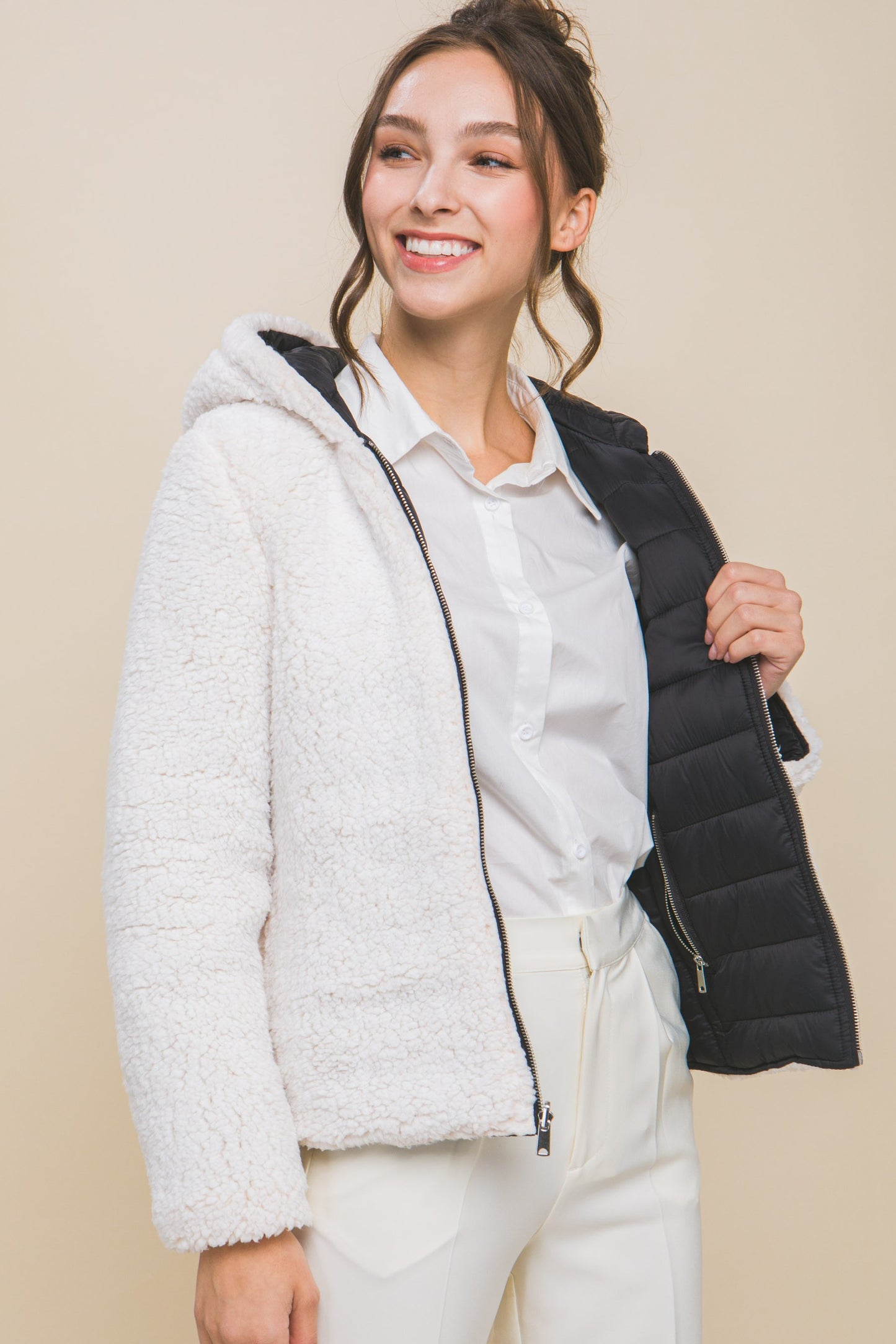 Reversible Sherpa Fleece Puffer Black Jacket