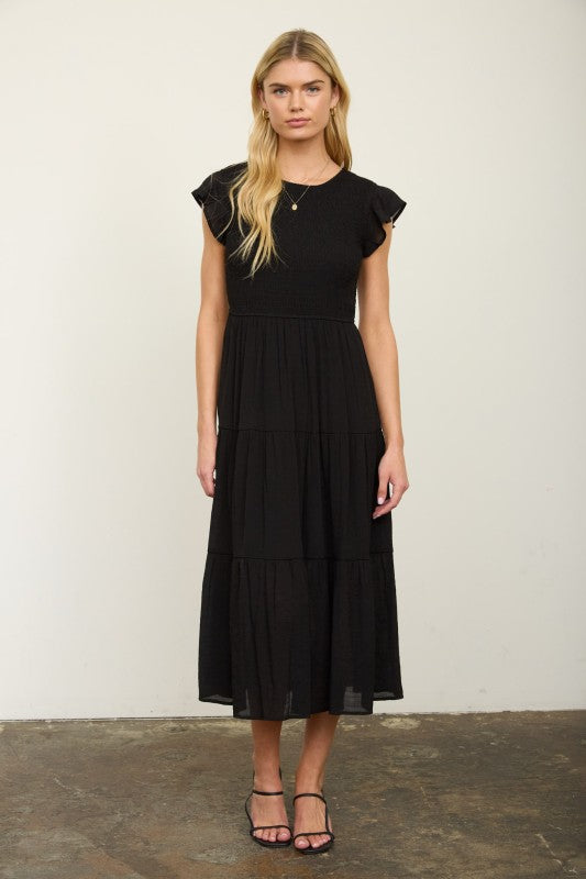 smocked black midi dress Miley Smocked Midi Dress