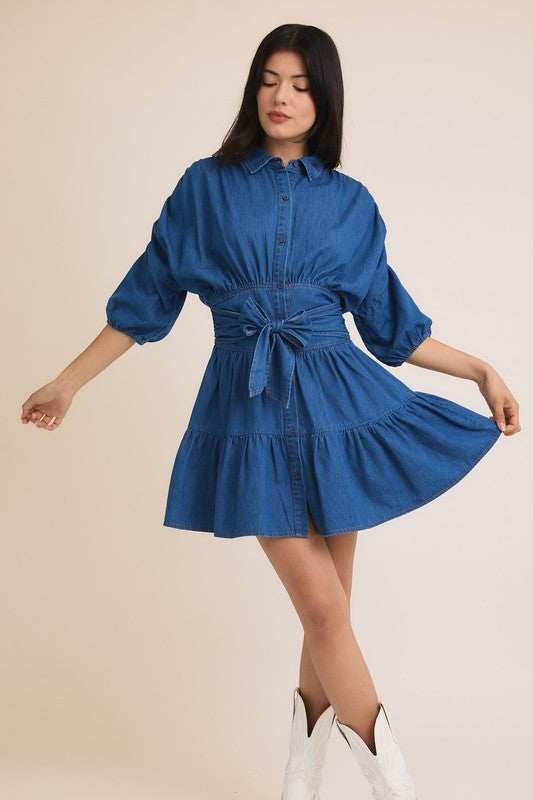 denim tiered dress Catarina Bubble Sleeve Tiered Denim Dress – The 1408 Boutique • Lingerie main image 1