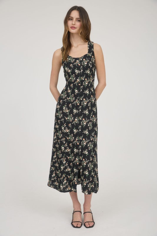 blossom midi dress Black Floral Midi Dress for Women