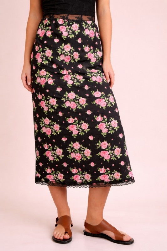 Black Floral Midi Skirt with Lace Trim | Pink Rose Boutique Skirt