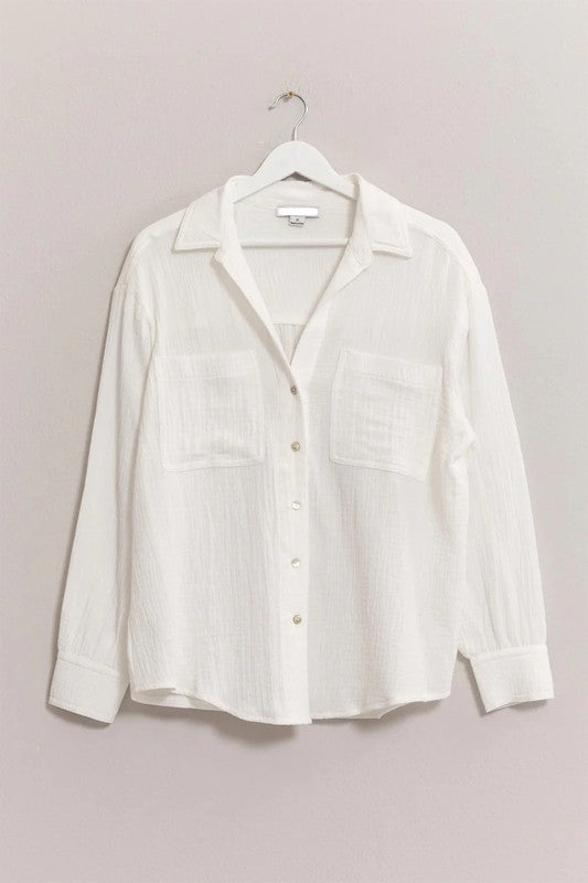 Model wearing white Everyday Airy Gauze Button-Up shirt