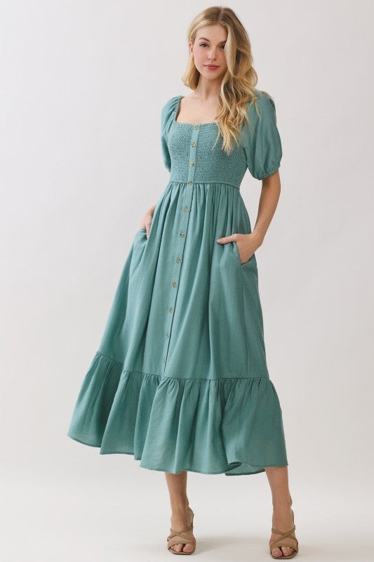Light Teal Smocked Midi Dress | Button Front Puff Sleeve Dress with Pockets Medium Light Teal Smocked Midi Dress | Button Front Puff Sleeve Dress with Pockets Medium