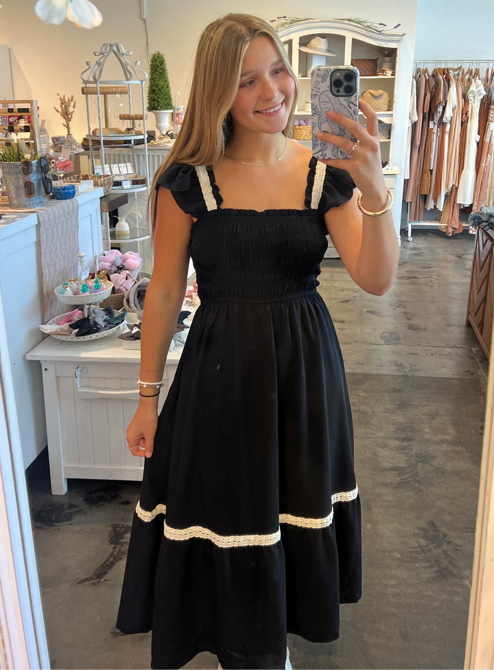 Midnight Ruffle Smocked Midi Dress