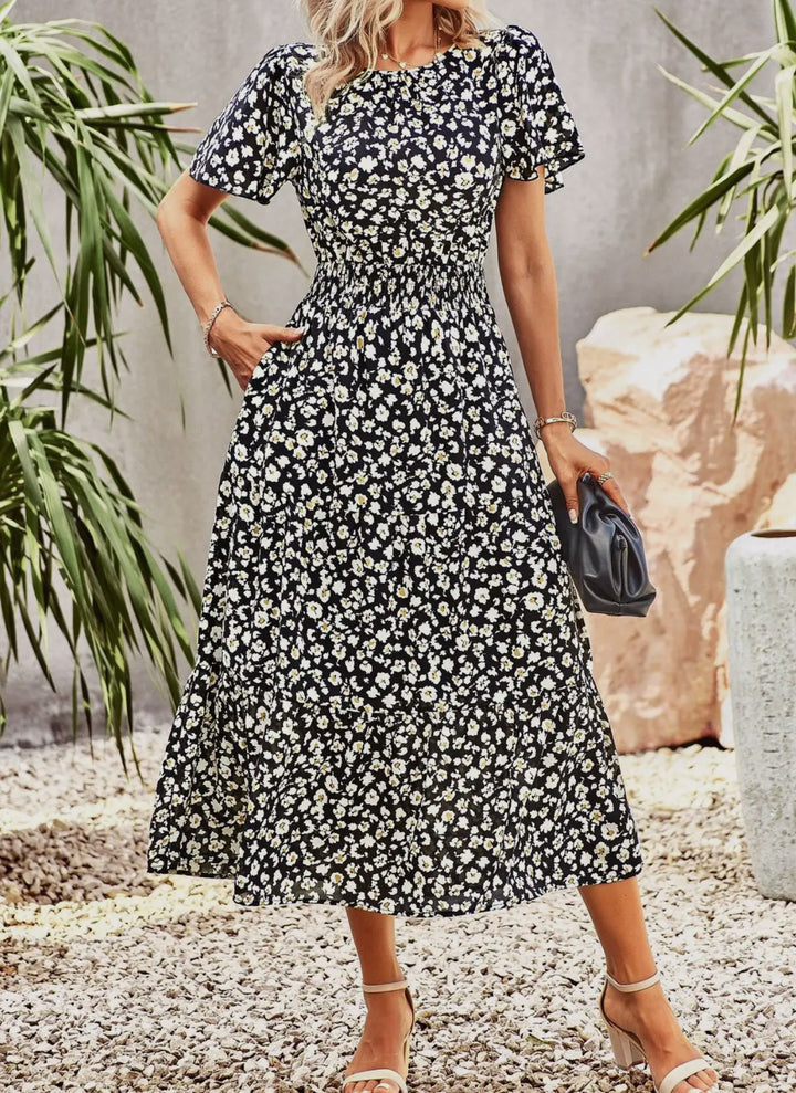 Black White Floral Midi