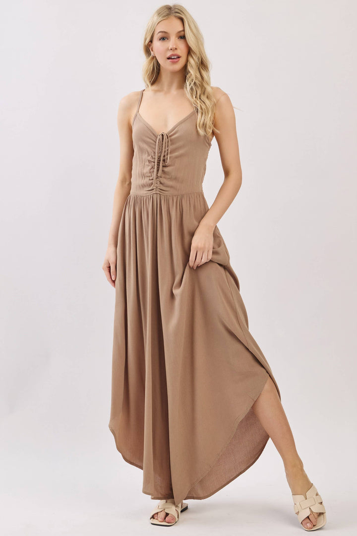 Woven Solid Front Ruched Midi Jumpsuit - VNJU60322