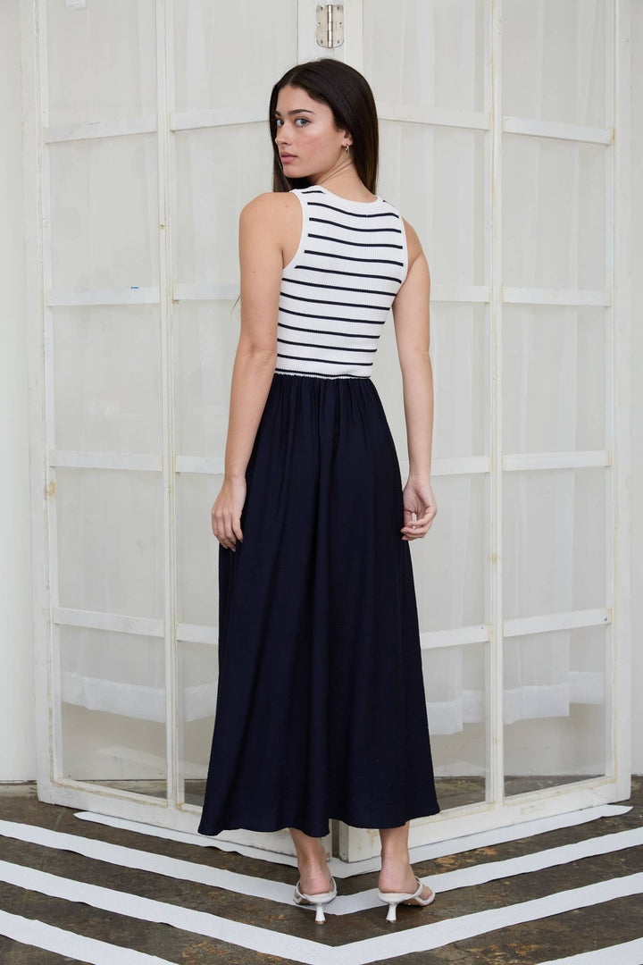 STRIPE TANK SLEEVELESS MIXED MEDIA MIDI DRESS