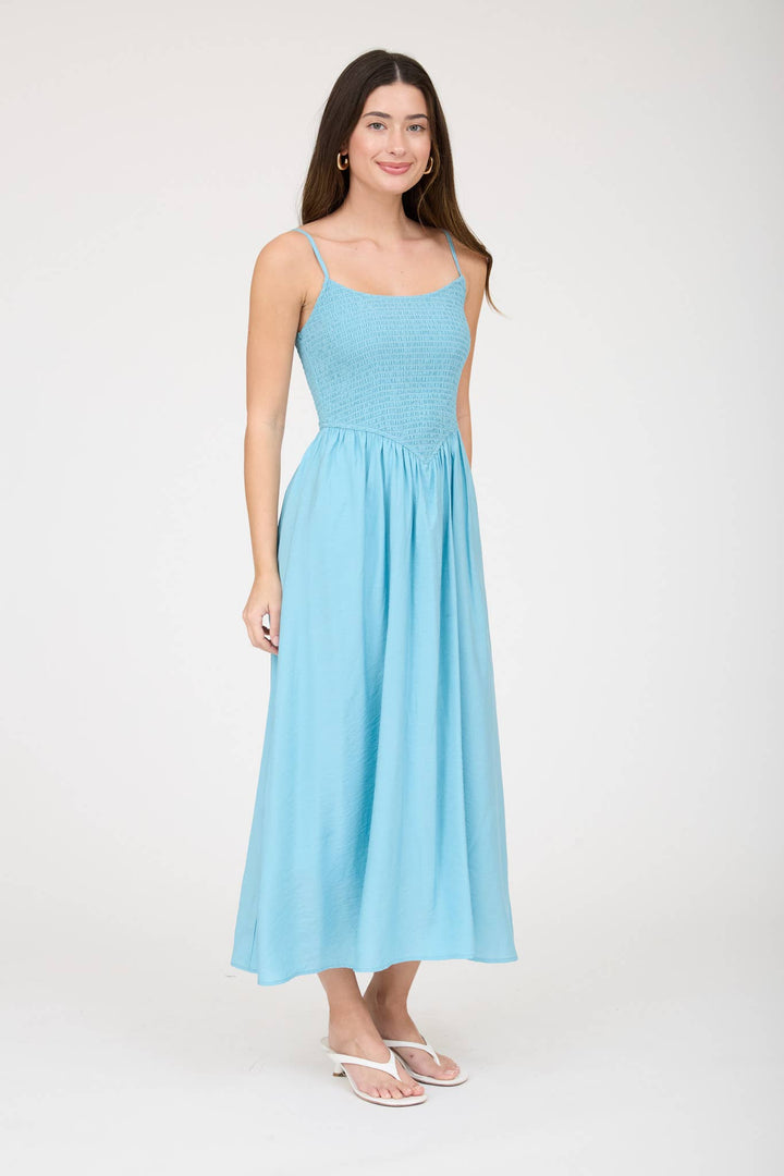 SMOCKED BASQUE WAIST SPAGHETTI STRAP MIDI DRESS