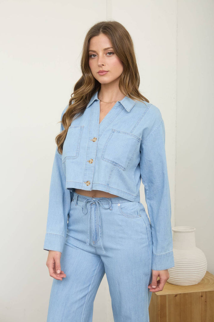 WASHED DENIM BUTTON DOWN DRAWSTRING CROP TOP