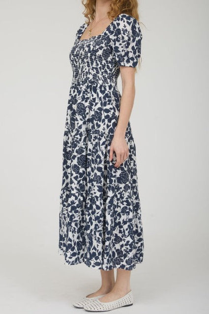 Navy Floral Midi Dress | Smocked Bodice Puff Sleeve Summer Dress AndyLiz Navy Floral Midi Dress | Smocked Bodice Puff Sleeve Summer Dress AndyLiz