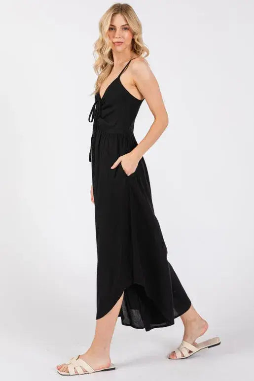 Woven Solid Front Ruched Midi Jumpsuit - VNJU60322
