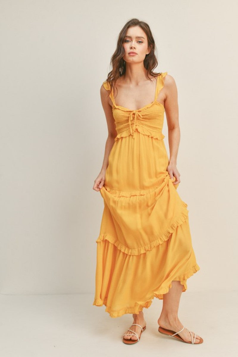 boho summer maxi dress in mustard color