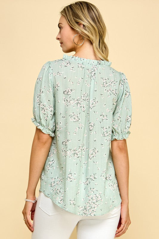 Mint Floral Puff Sleeve Blouse