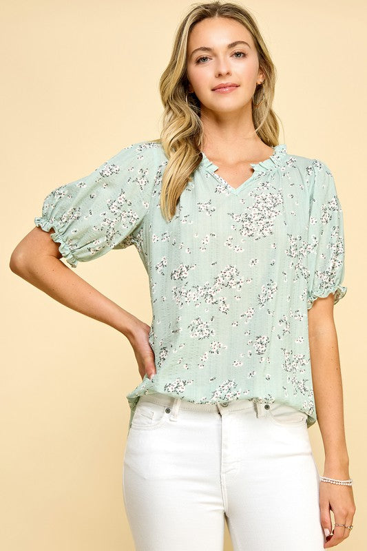 Mint Floral Puff Sleeve Blouse