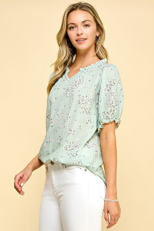 Mint Floral Puff Sleeve Blouse