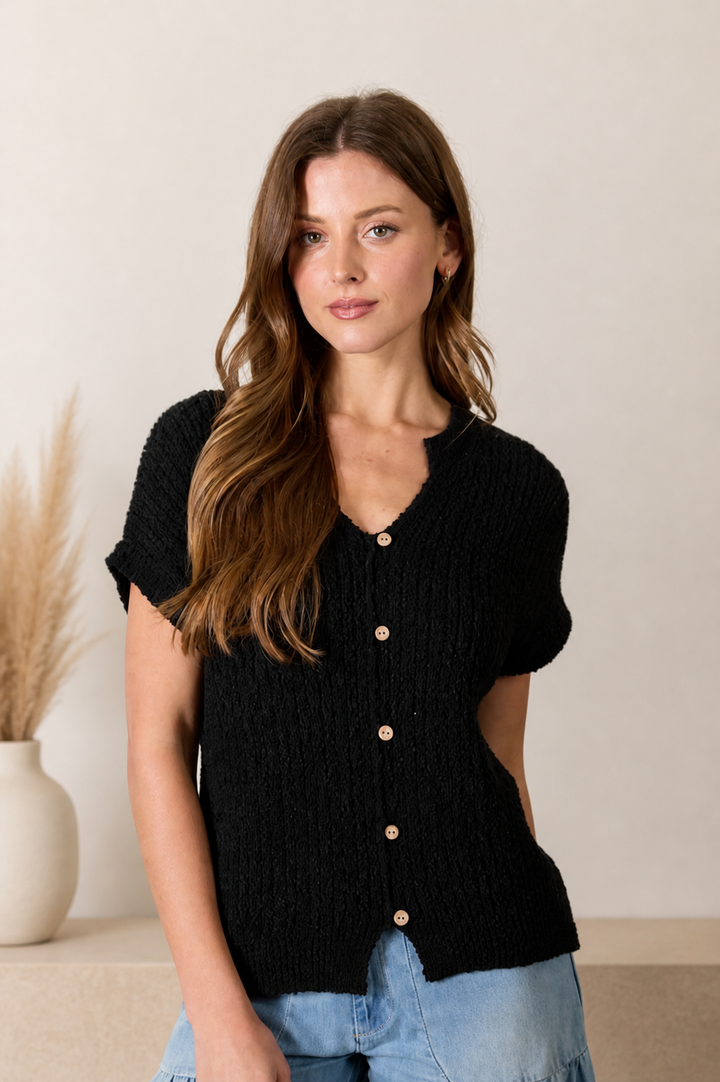 Black Button Knit Top