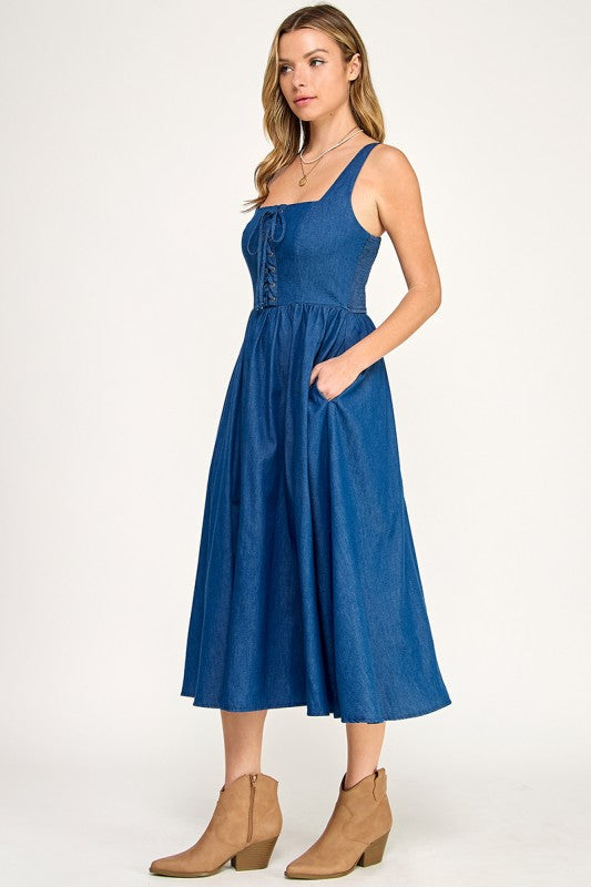 Denim Lace-Up Midi Dress