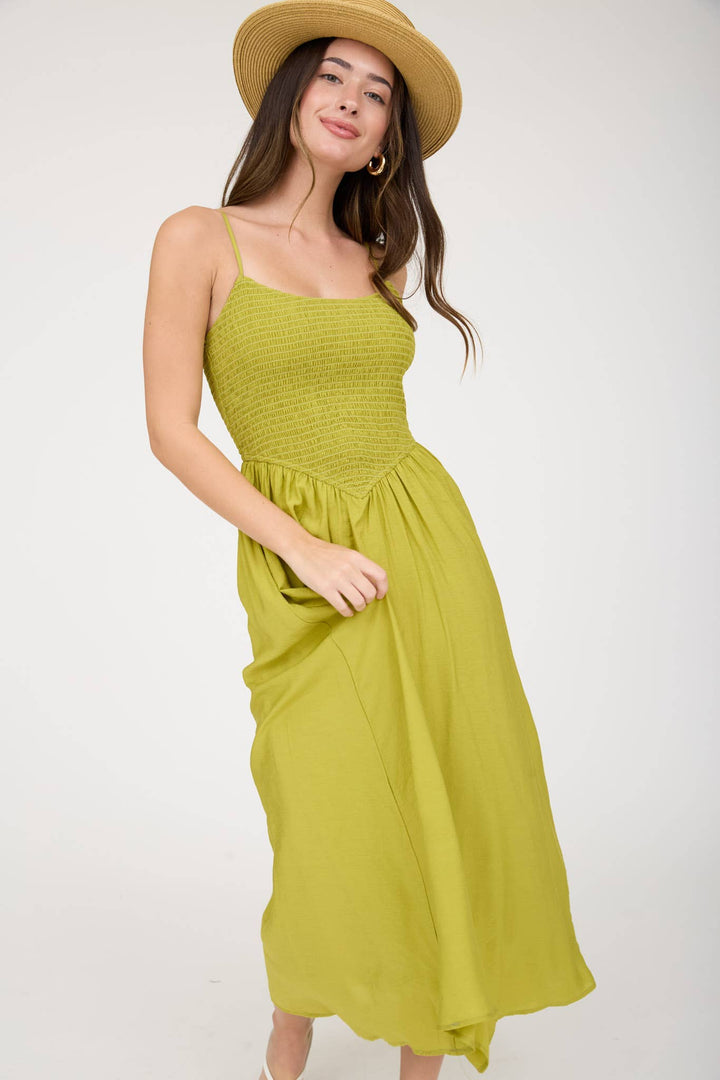 SMOCKED BASQUE WAIST SPAGHETTI STRAP MIDI DRESS