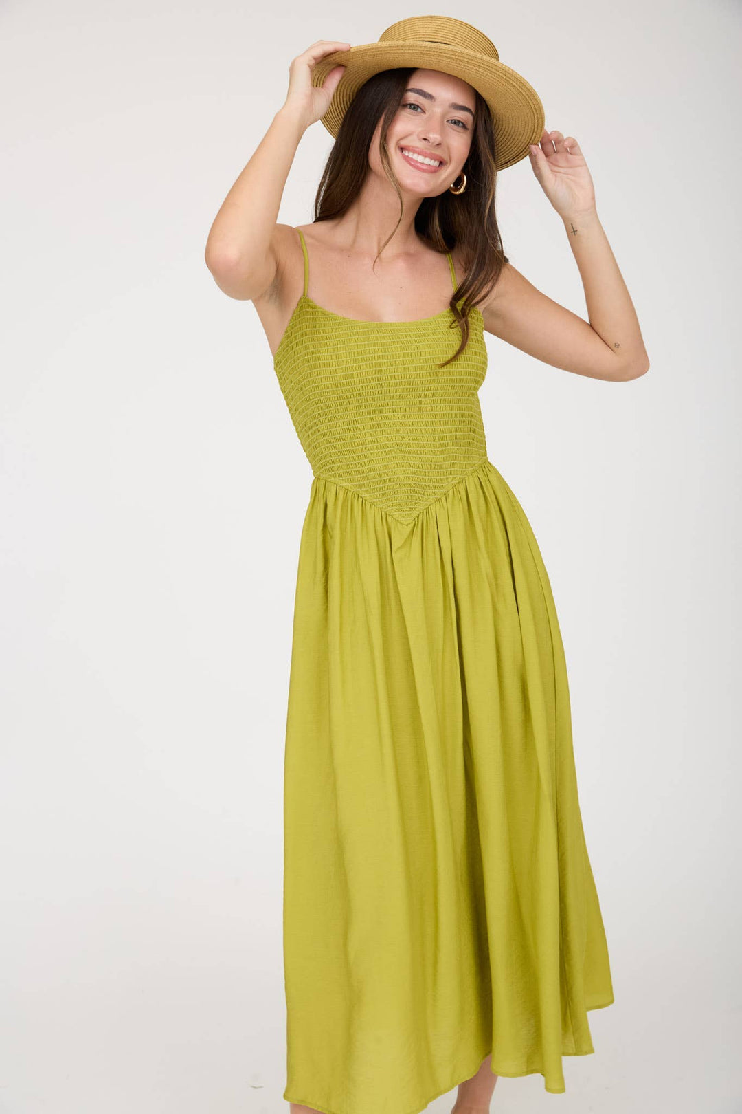 SMOCKED BASQUE WAIST SPAGHETTI STRAP MIDI DRESS
