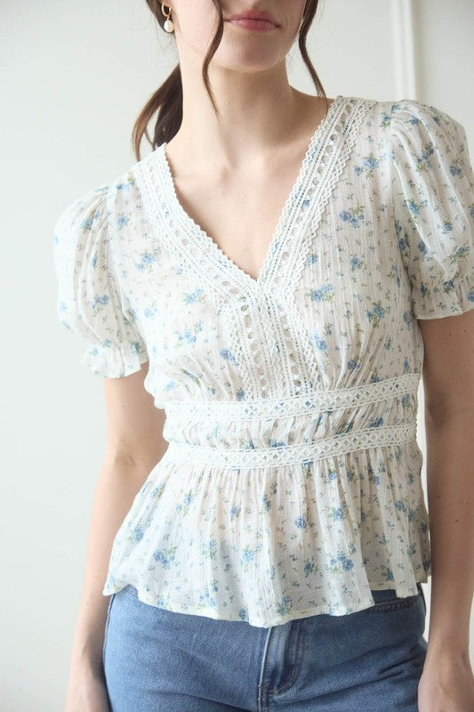 Blue Ditsy Floral Peplum Blouse