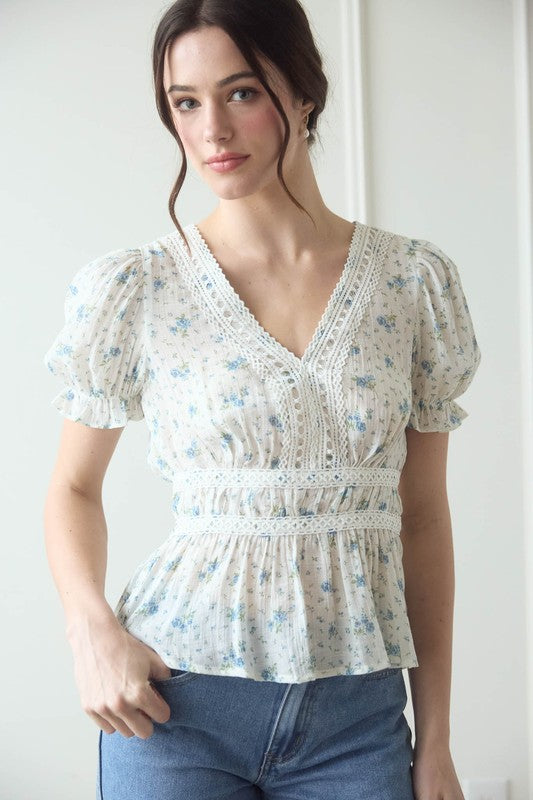 Blue Ditsy Floral Peplum Blouse