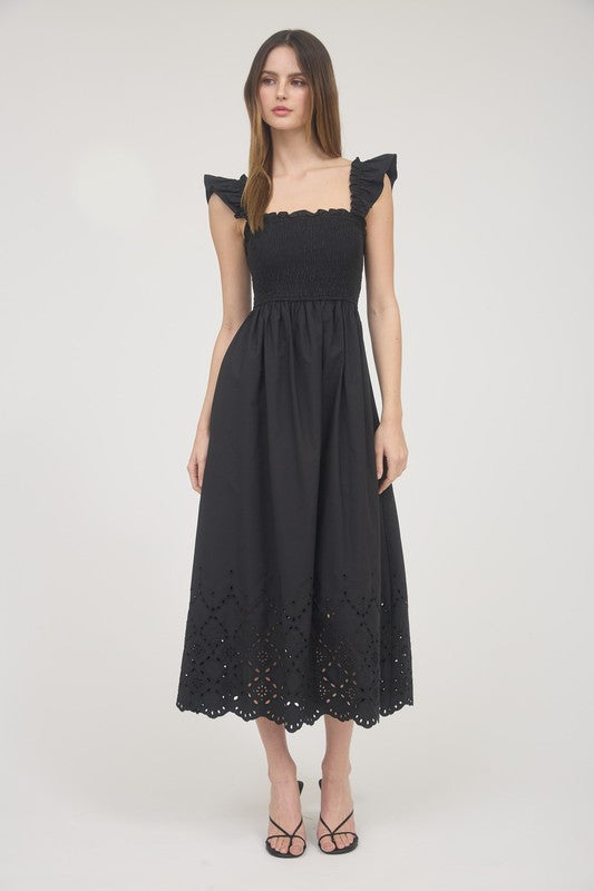 Black Smocked Midi Dress with Eyelet Hem – Elegant Boutique Style