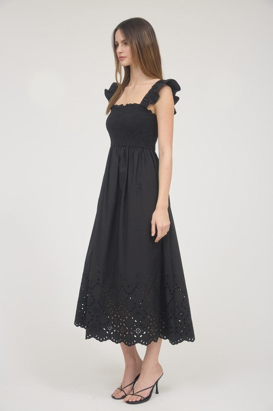 Black Smocked Midi Dress with Eyelet Hem Elegant Boutique Style | AndyLiz Large Black Smocked Midi Dress with Eyelet Hem Elegant Boutique Style | AndyLiz Large