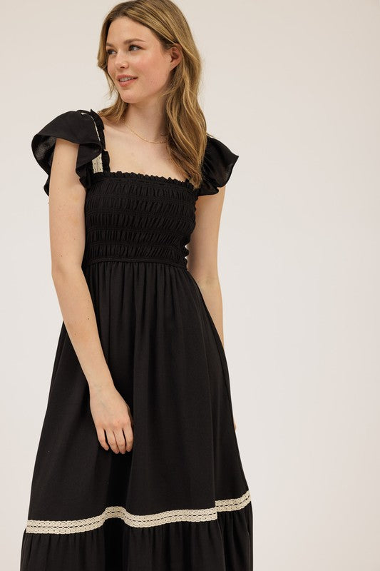 Midnight Ruffle Smocked Midi Dress