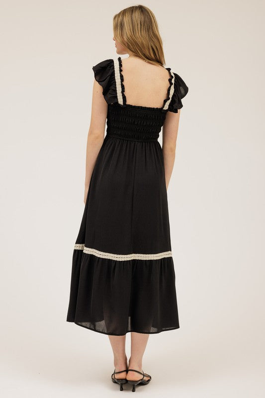 Midnight Ruffle Smocked Midi Dress