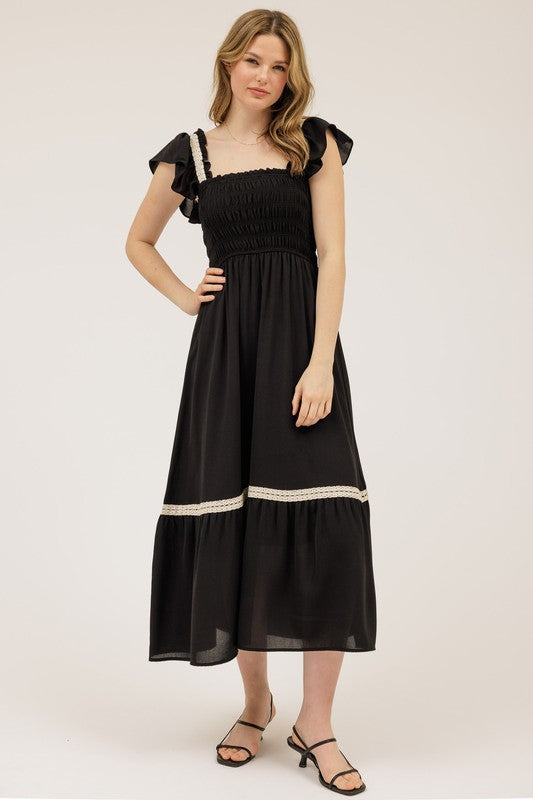 Midnight Ruffle Smocked Midi Dress