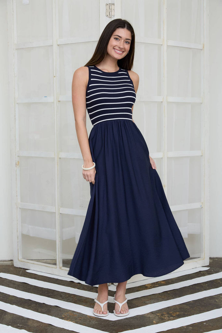 STRIPE TANK SLEEVELESS MIXED MEDIA MIDI DRESS