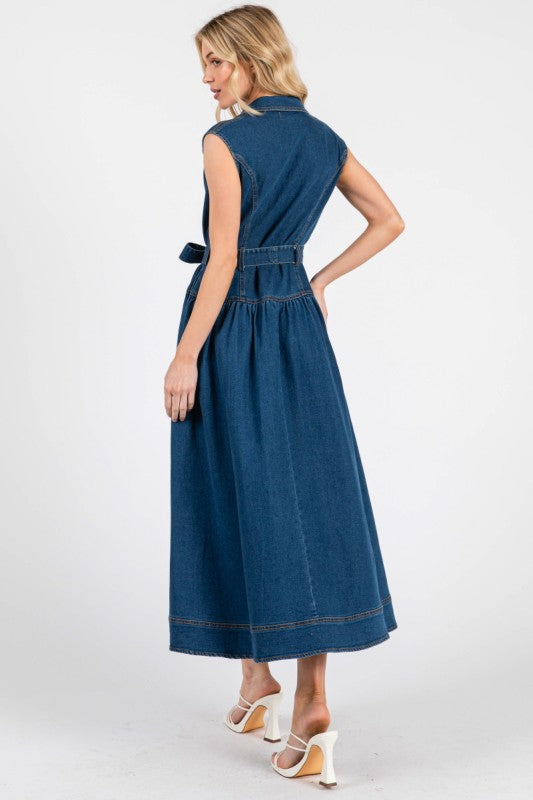 Denim Button Midi Dress with Tie Waist & Pockets Medium