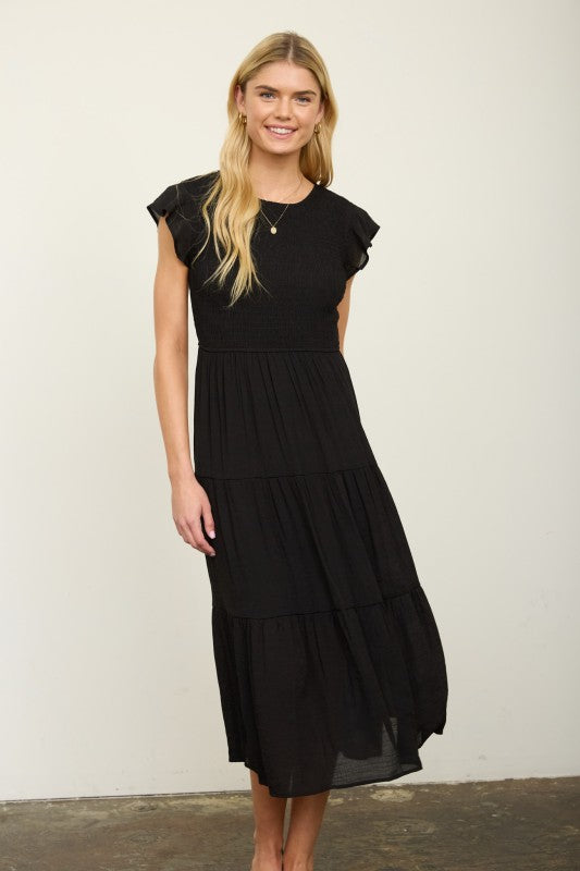 Black Smocked Midi Dress with Flutter Sleeves