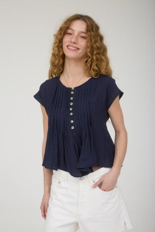 Navy Pleated Blouse
