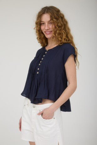 Navy Pleated Blouse