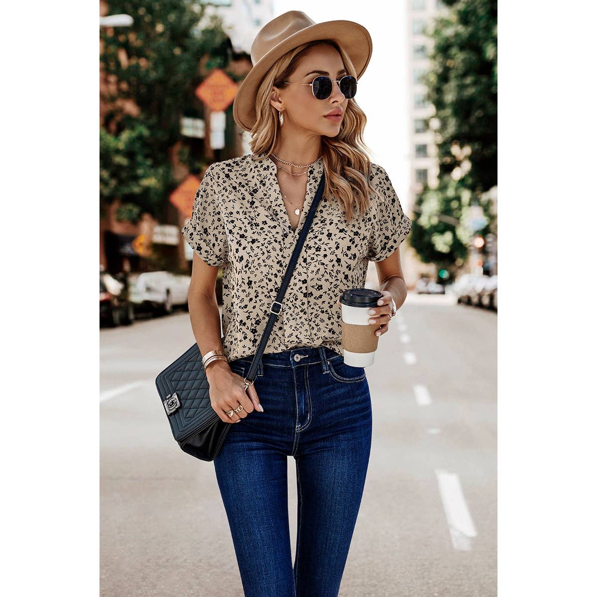 Floral Print V Neck Loose Fit Blouse