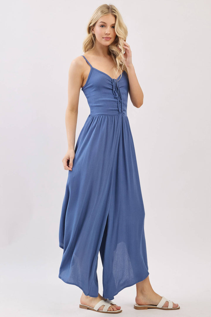 Woven Solid Front Ruched Midi Jumpsuit - VNJU60322