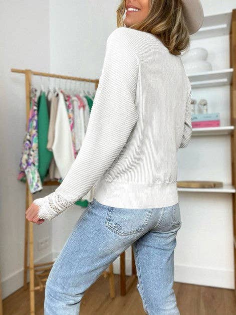 Woman Solid Lace Long Sleeve Striped Top