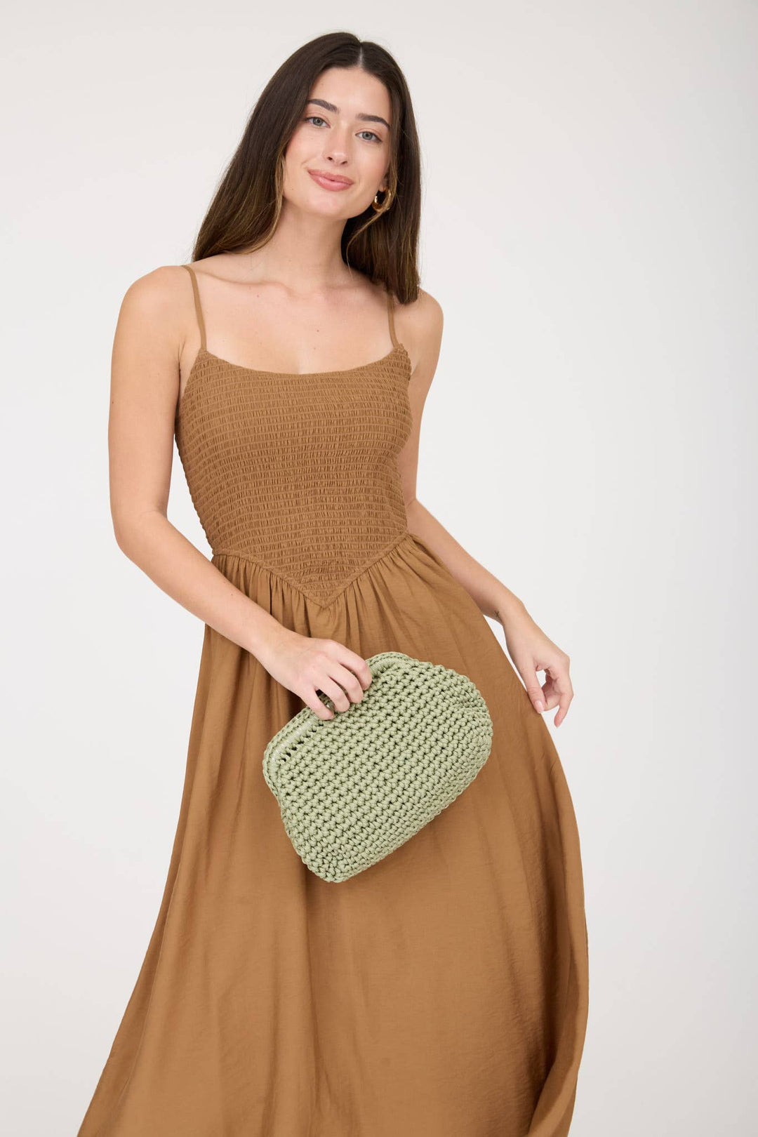 SMOCKED BASQUE WAIST SPAGHETTI STRAP MIDI DRESS