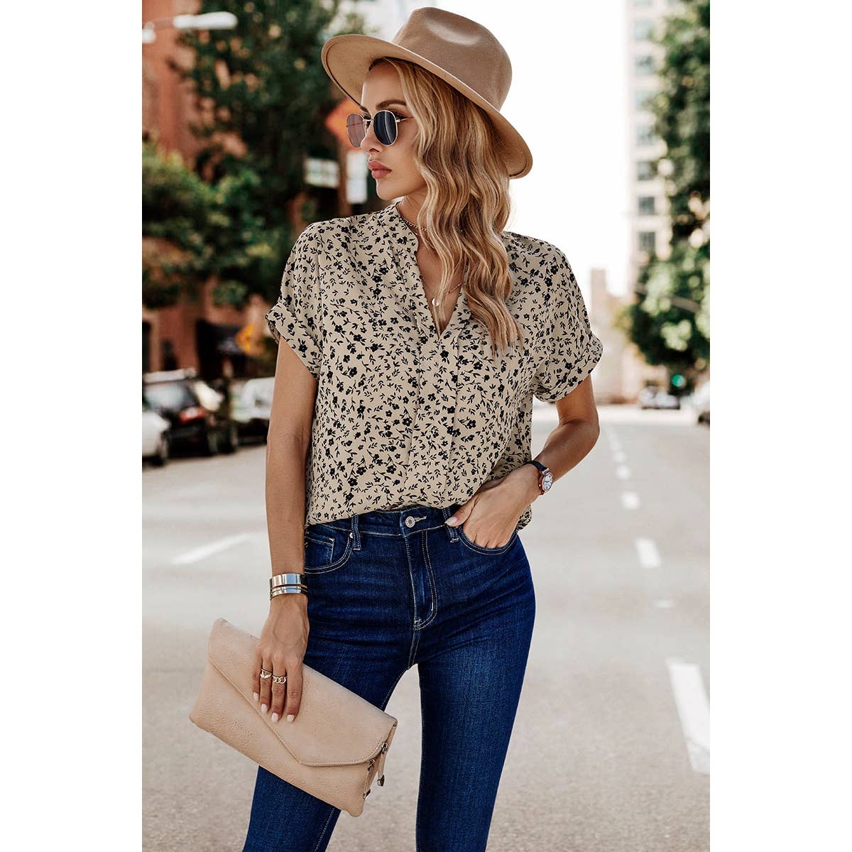 Floral Print V Neck Loose Fit Blouse