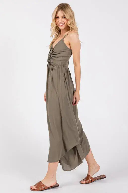 Woven Solid Front Ruched Midi Jumpsuit - VNJU60322