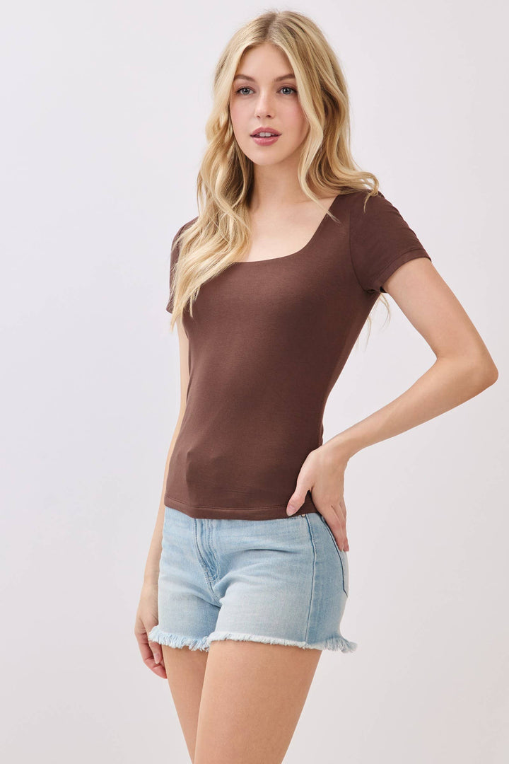 DOUBLE LAYER SQUARE NECK SHORT SLEEVE TOP - VT30991