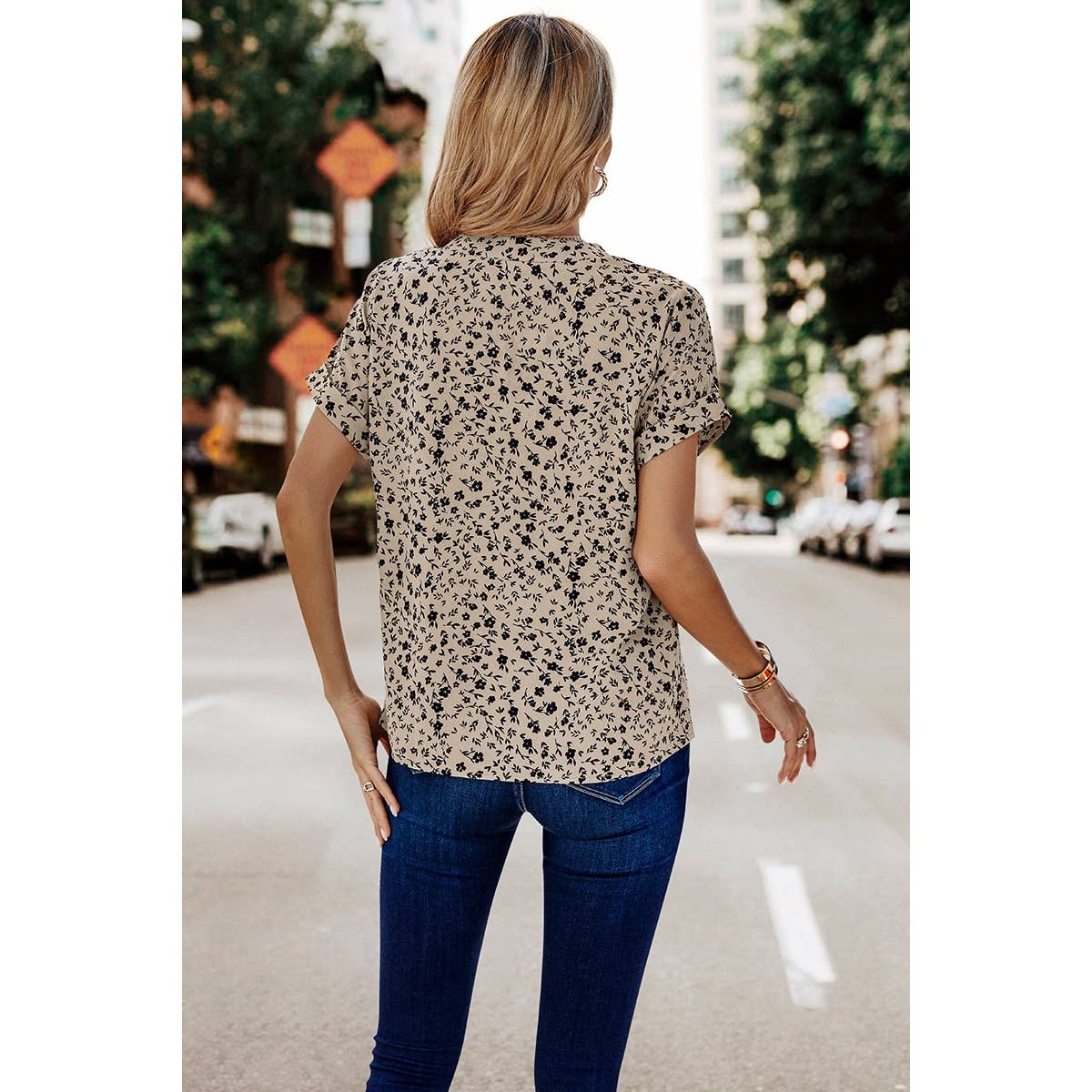 Floral Print V Neck Loose Fit Blouse