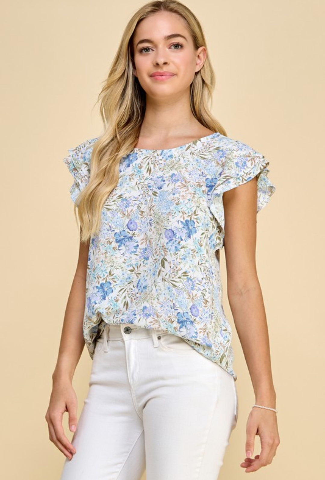 Blue Floral Ruffle Blouse