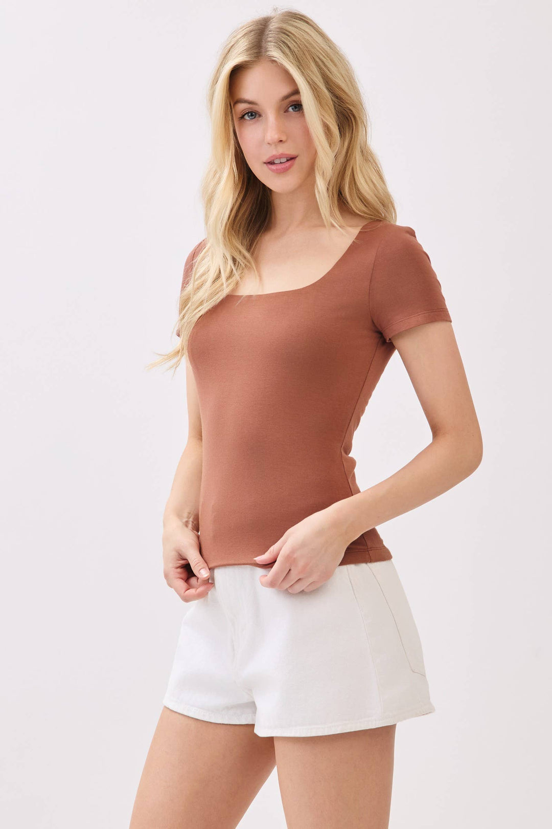 DOUBLE LAYER SQUARE NECK SHORT SLEEVE TOP - VT30991